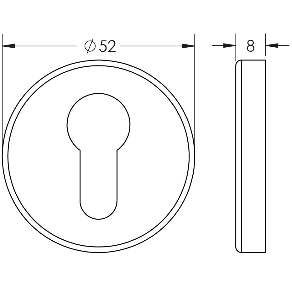 Technical drawing of of Frelan - Stainless Steel Euro profile Escutcheons Grade 201 52x8mm Satin Stainless Steel Sku. JSS28