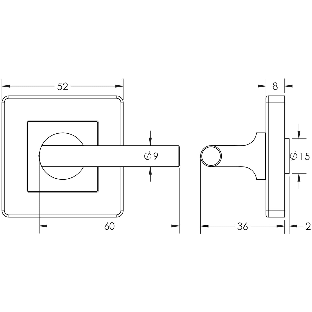 Technical drawing of of Frelan - JSS356 Satin Stainless Steel Square Easy Turn & Release Sku. JSS356