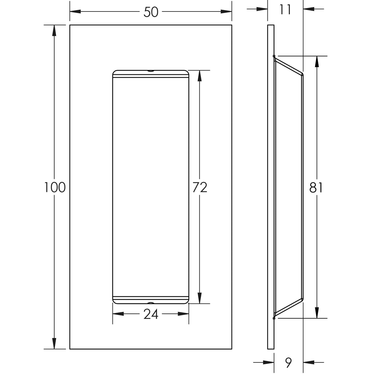 Technical drawing of of Frelan - Stainless Steel Flush Pulls 100x50mm Satin Stainless Steel Sku. JSS428B