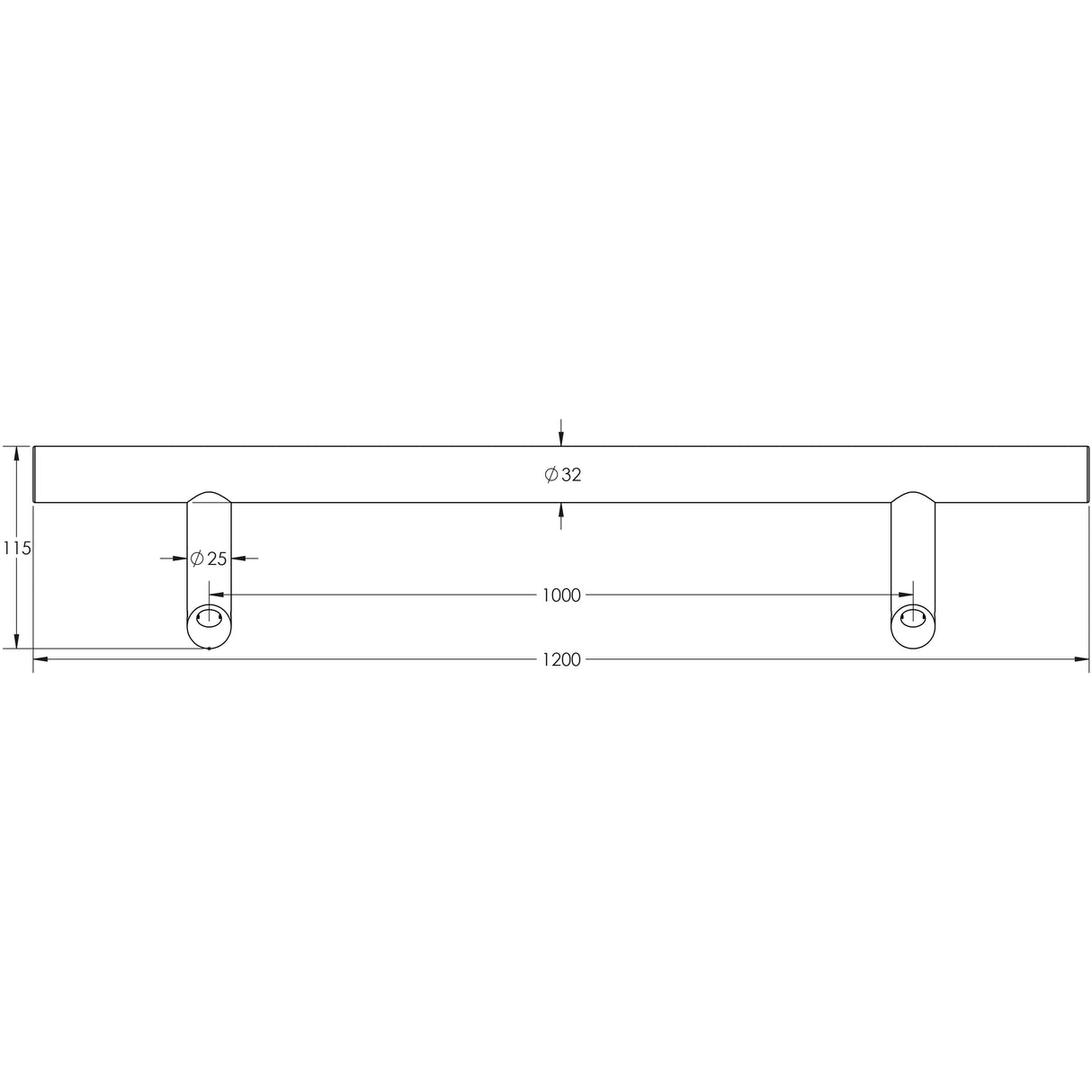 Technical drawing of of Frelan - Stainless Steel Cranked Pull Handles 1200x32mm Satin Stainless Steel Sku. JSS519B