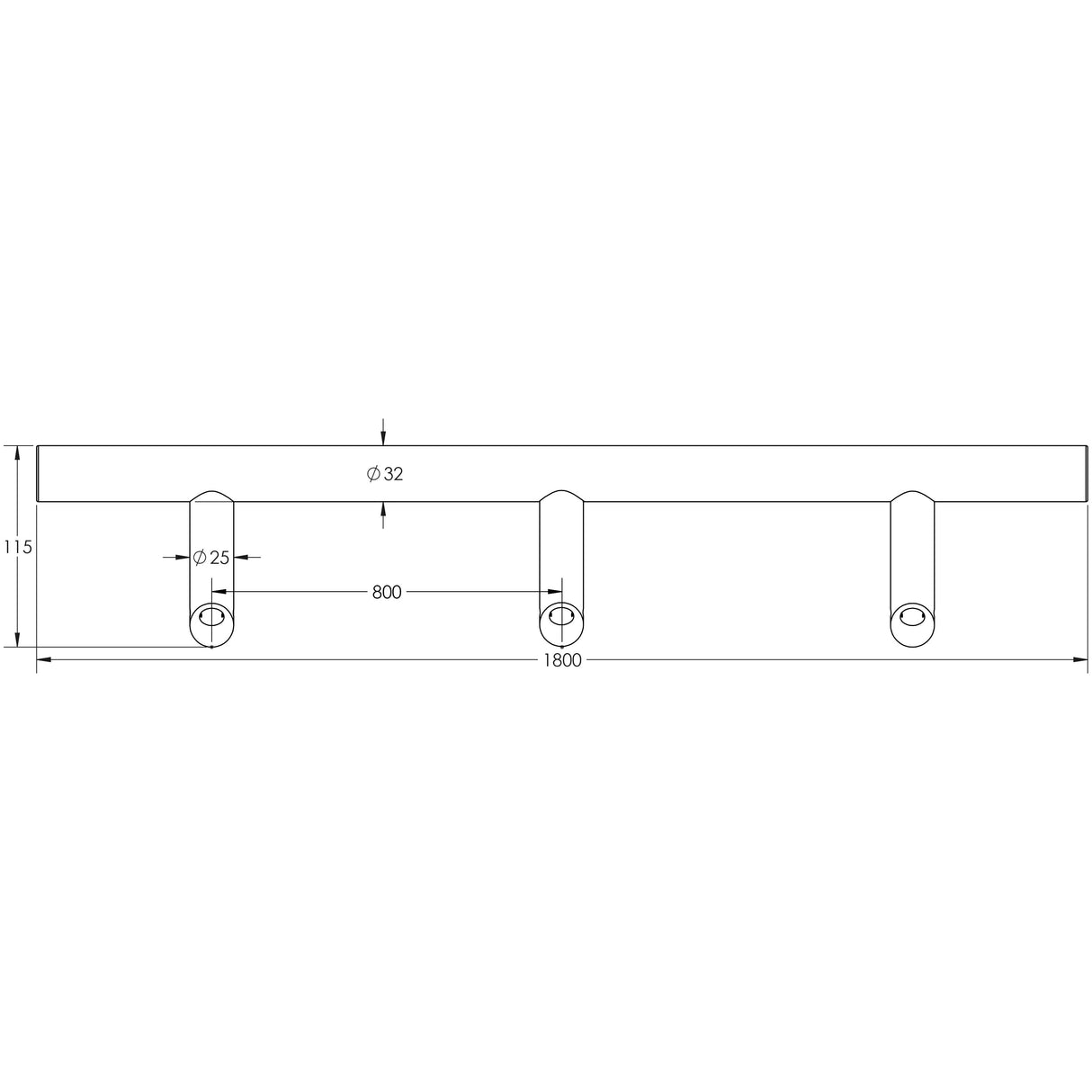 Technical drawing of of Frelan - Stainless Steel Cranked Pull Handles 1800x32mm Satin Stainless Steel Sku. JSS519C