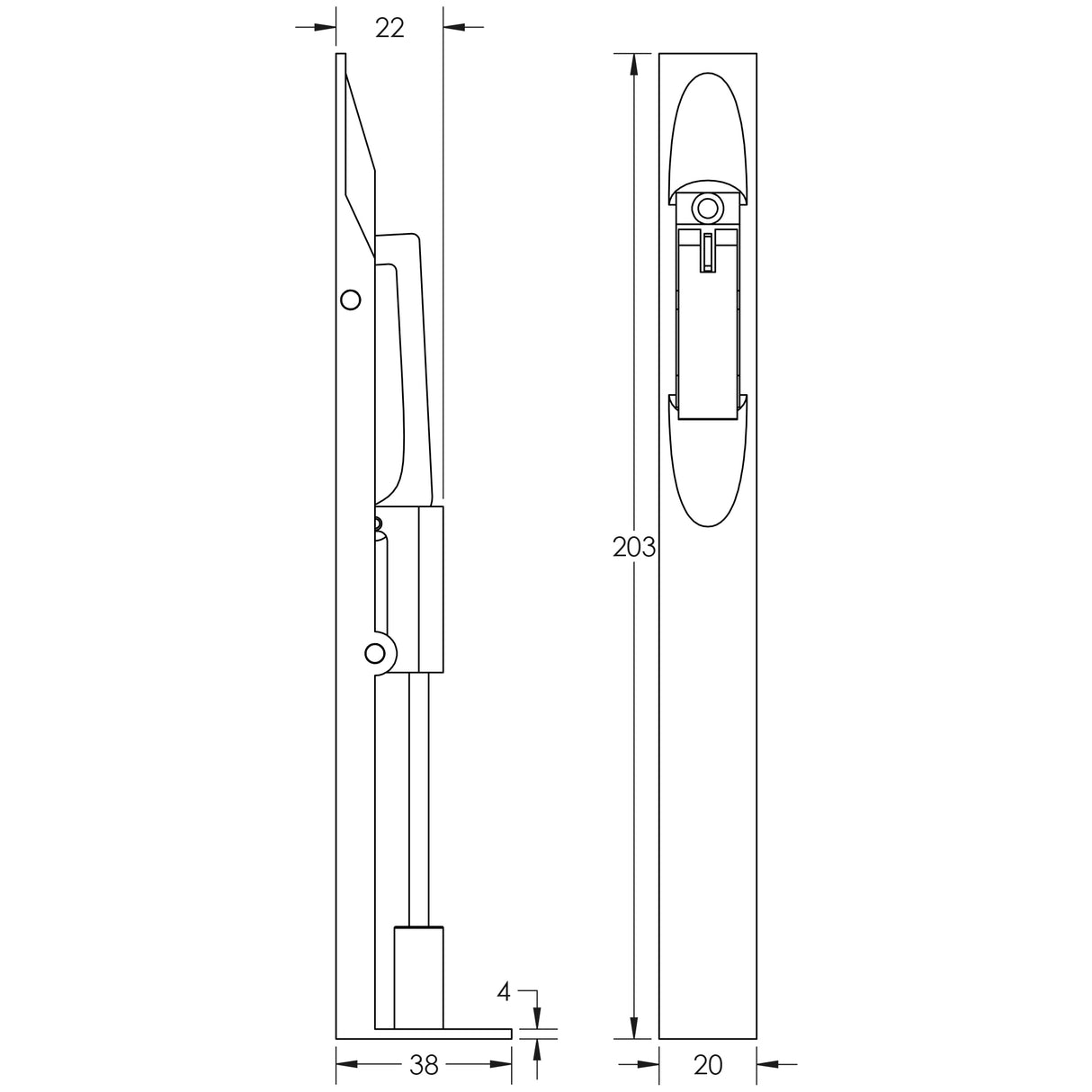 Technical drawing of of Frelan - Stainless Steel Flush Bolts JSS51 Dark Bronze 203mm x 20mm Square Forend Sku. JSS51DB