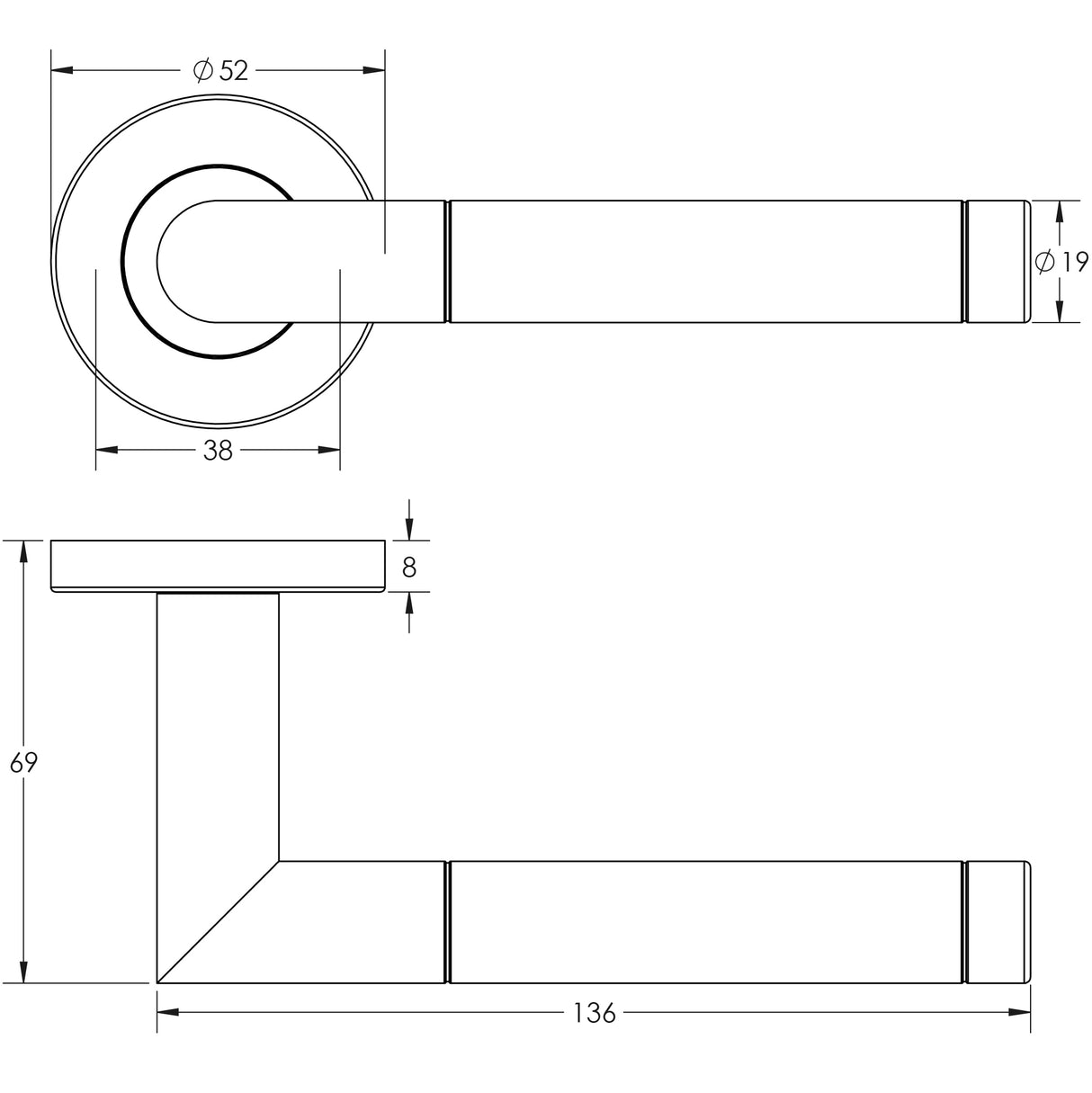 Technical drawing of of Frelan - Cambrio Door Handle on Rose Grade 304 Satin & Polished Stainless Steel Sku. JSSPS701