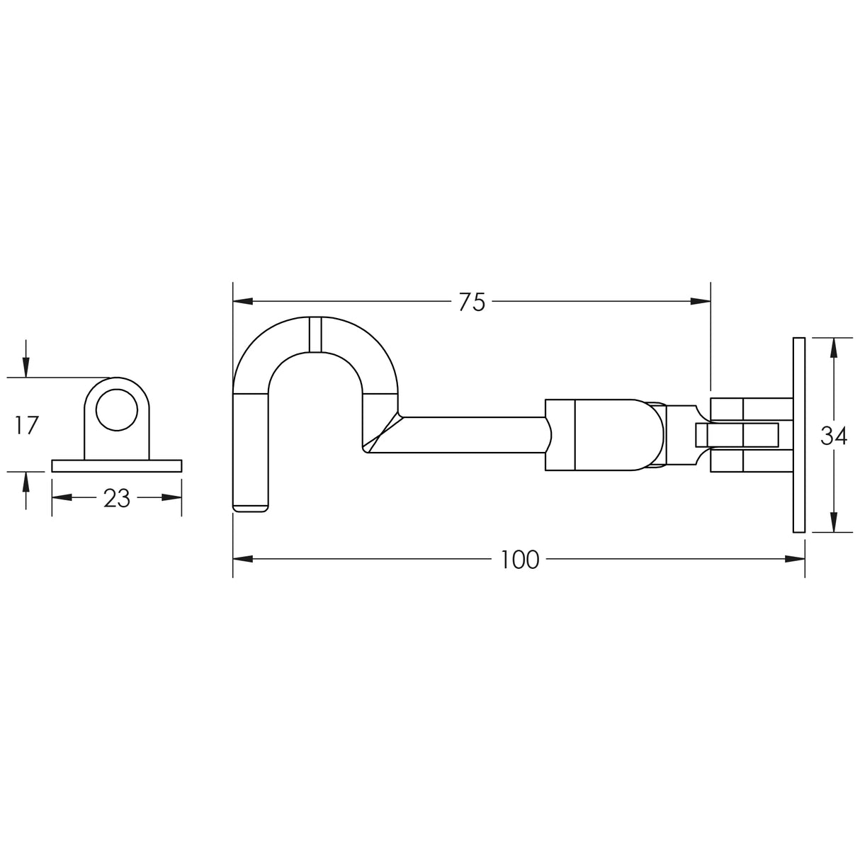 Technical drawing of of Frelan - Jedo Brass Cabin Hooks 75mm Satin Chrome Sku. JV110ASC