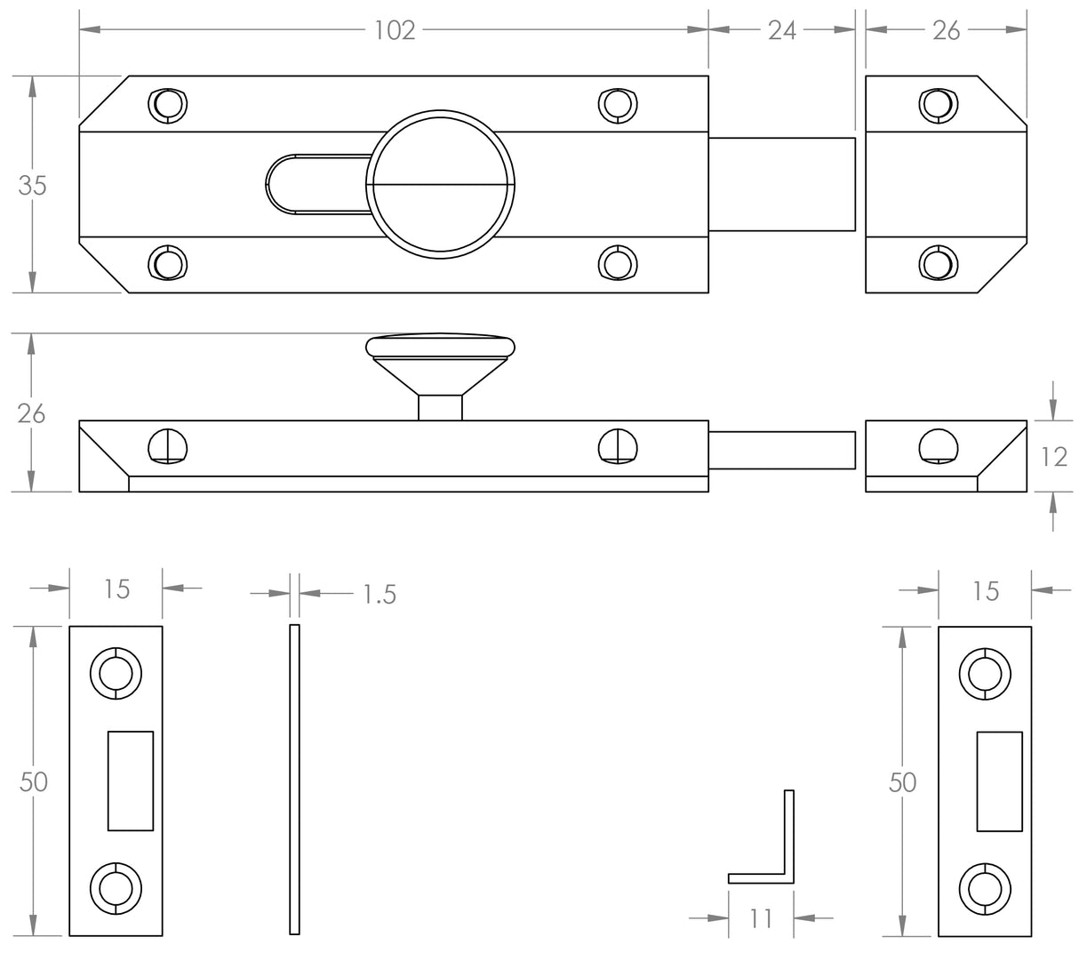 Technical drawing of of Frelan - Jedo Architectural Slide Door Bolts 100x35mm Antique Brass Sku. JV167AB