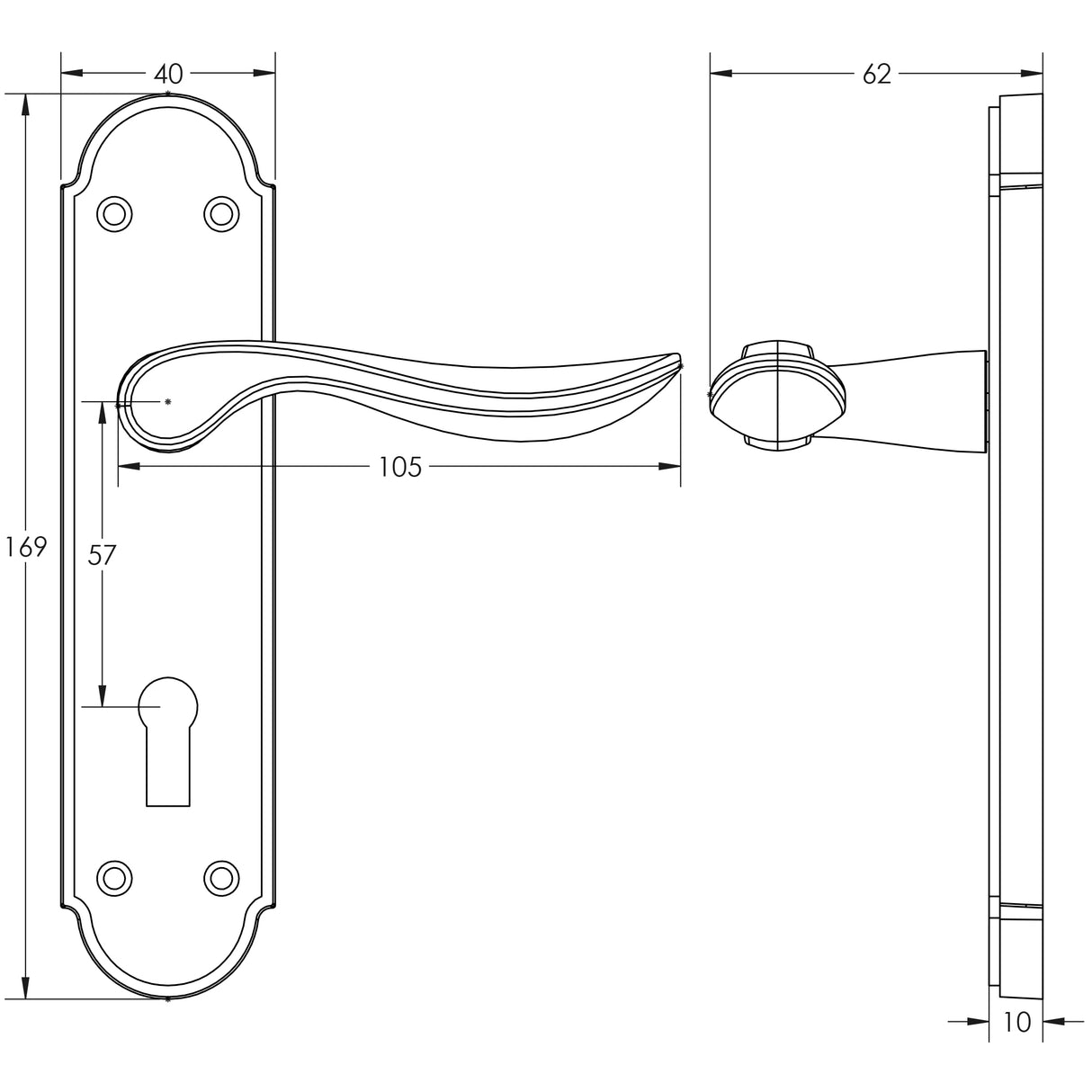 Technical drawing of of Frelan - Henley Suite Door Handle on Lockplate Antique Bronze Sku. JV190AB