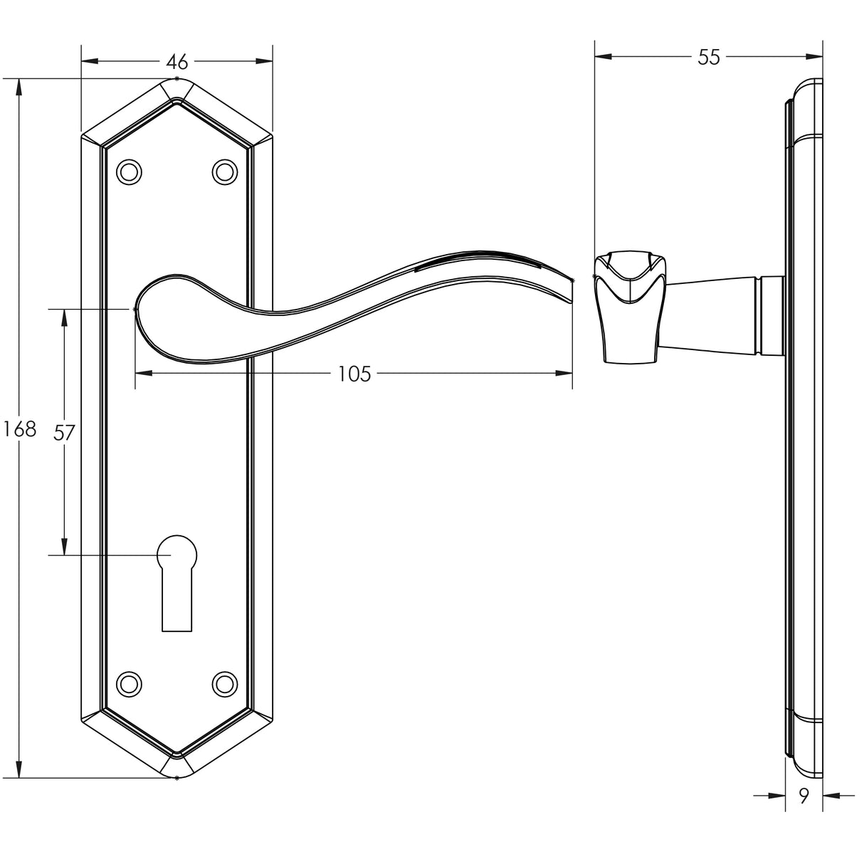 Technical drawing of of Frelan - Paris Suite Door Handles on Lockplate PVD Brass Sku. JV280PVD