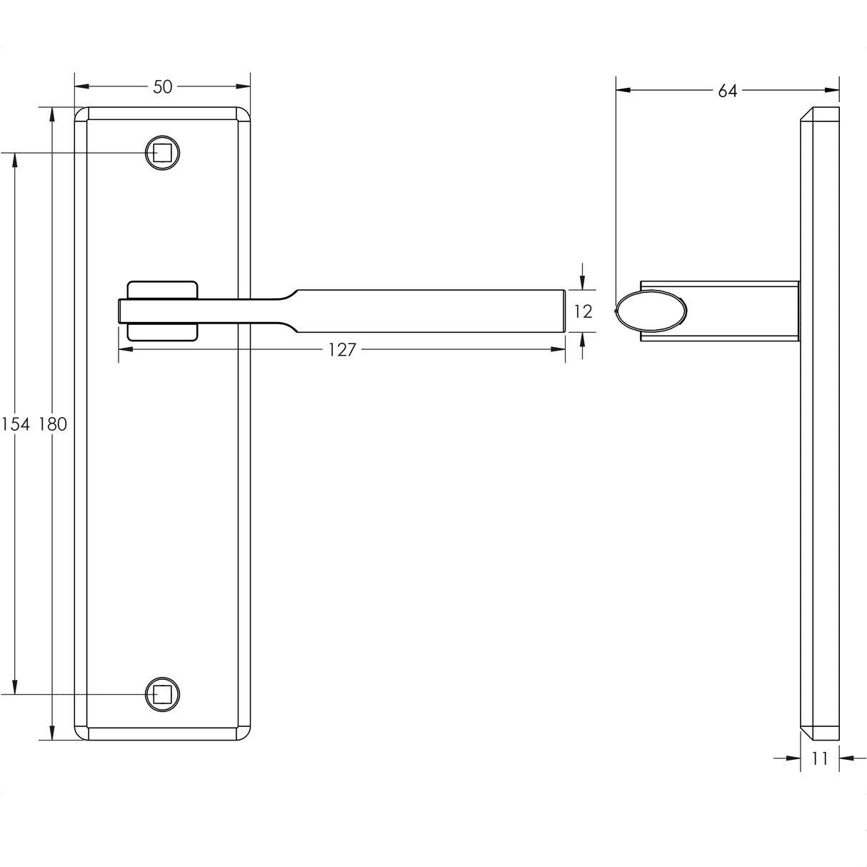 Technical drawing of of Frelan - Delta Suite Door Handles on Latchplate Satin Chrome Sku. JV3013SC