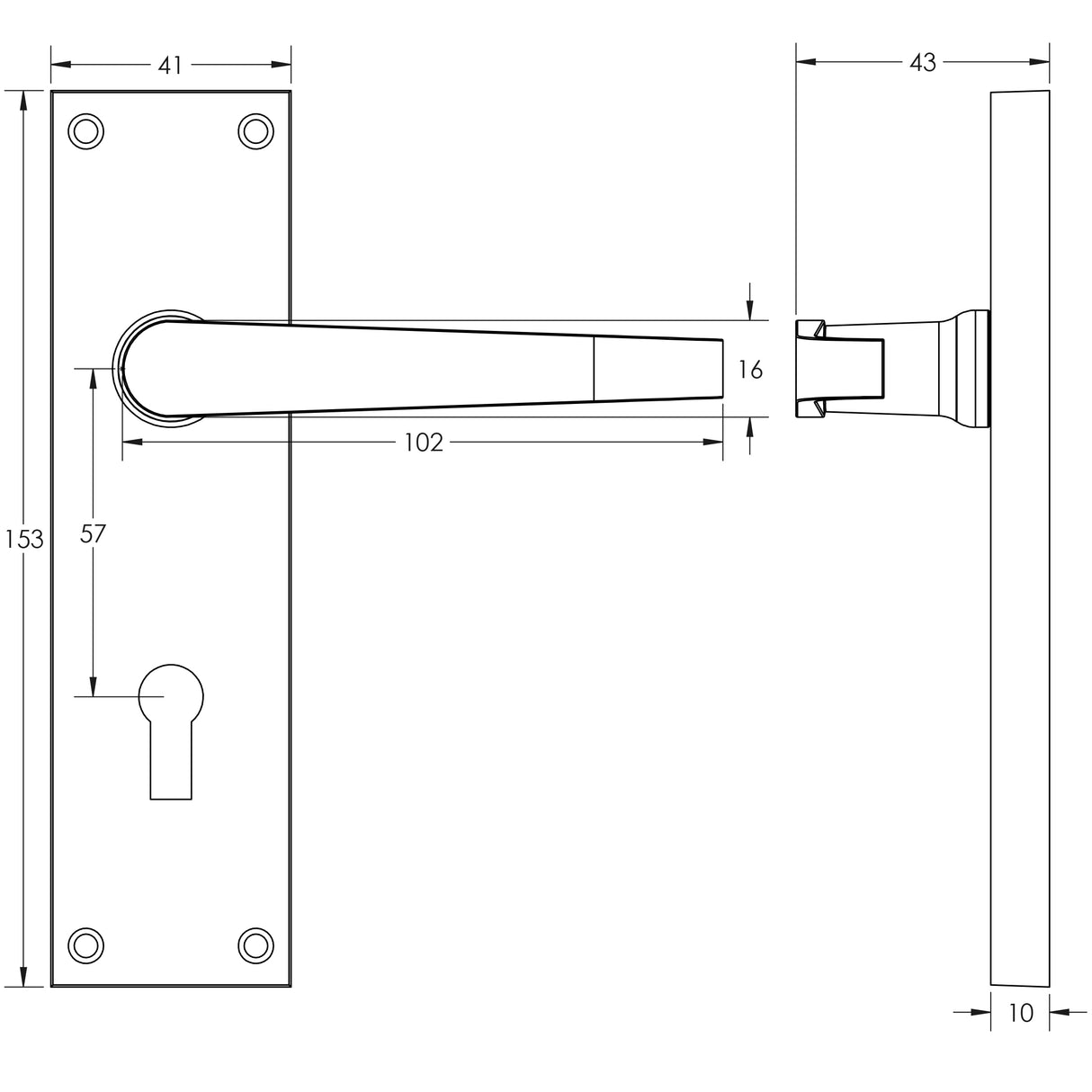 Technical drawing of of Frelan - Victorian Straight Door Handle on Lockplate Polished Brass Sku. JV30PB