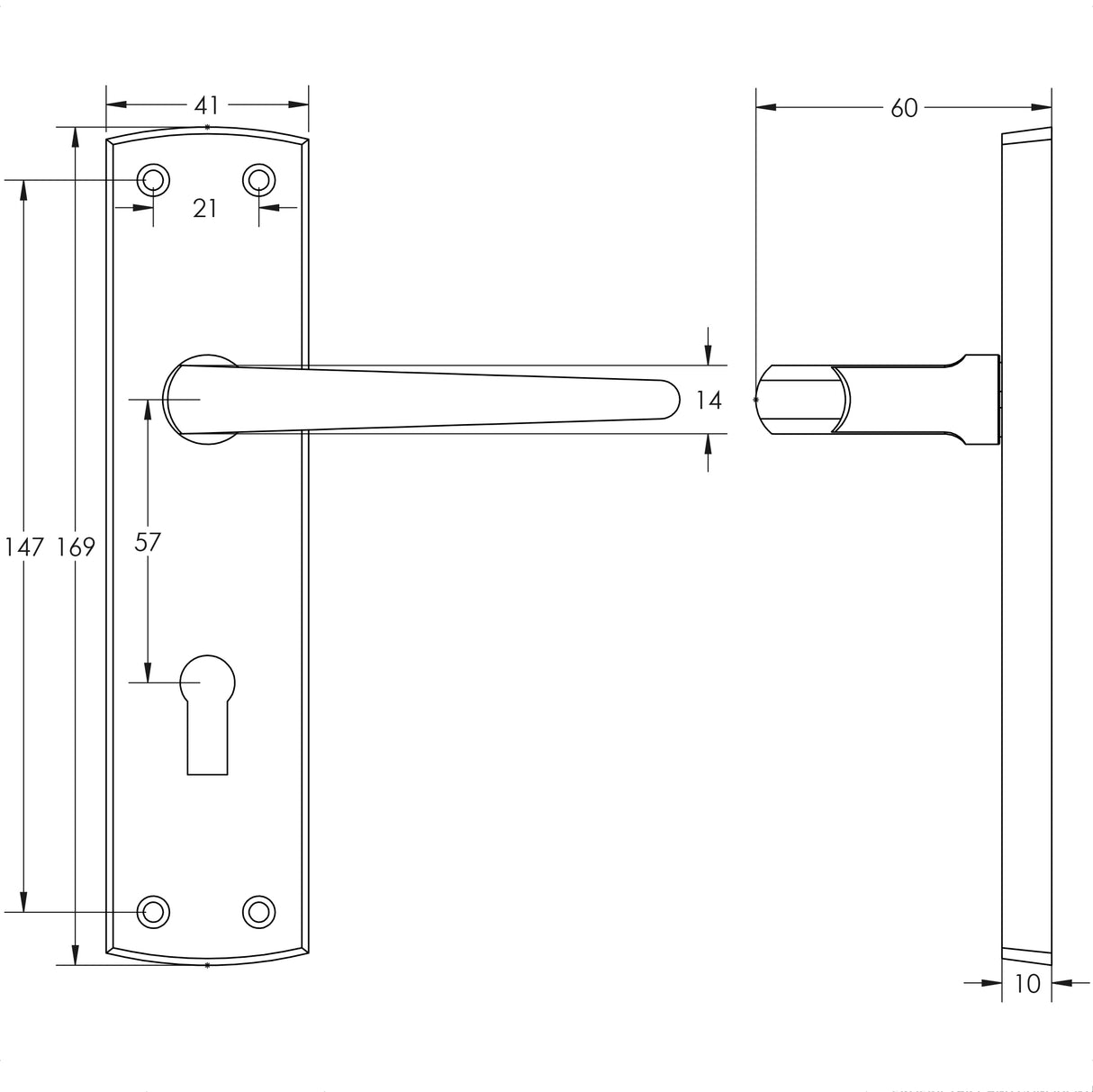 Technical drawing of of Frelan - Bray Door Handle on Lockplate Satin Chrome Sku. JV390SC
