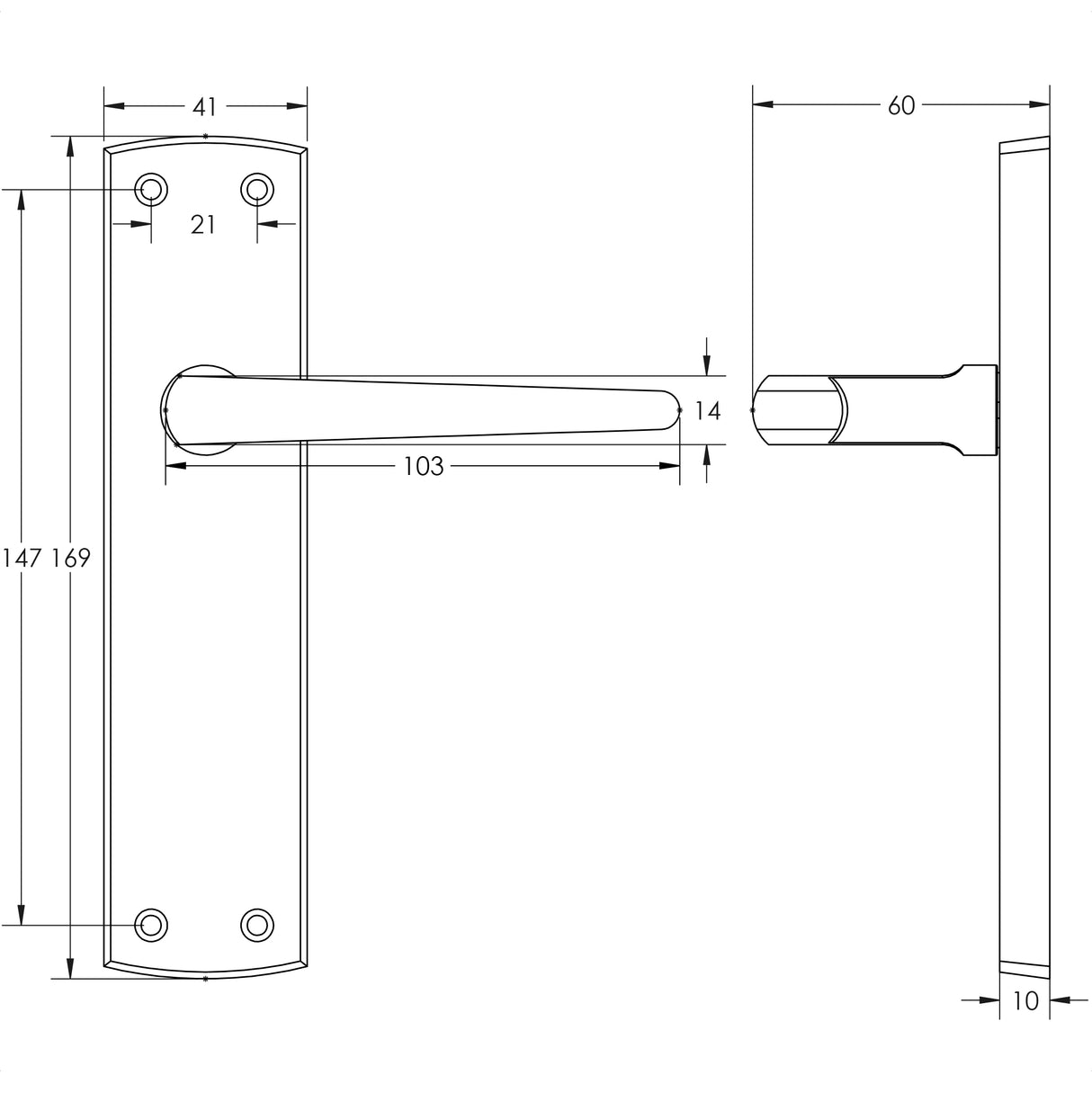Technical drawing of of Frelan - Bray Door Handle on Lathcplate Satin Chrome Sku. JV391SC