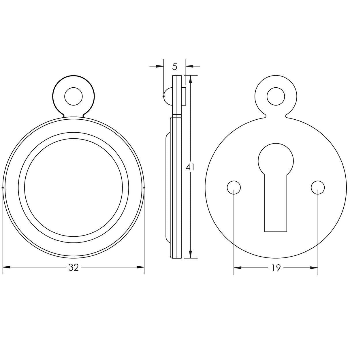 Technical drawing of of Frelan - Jedo Round Covered Escutcheon 32mm Polished Brass Sku. JV42PB