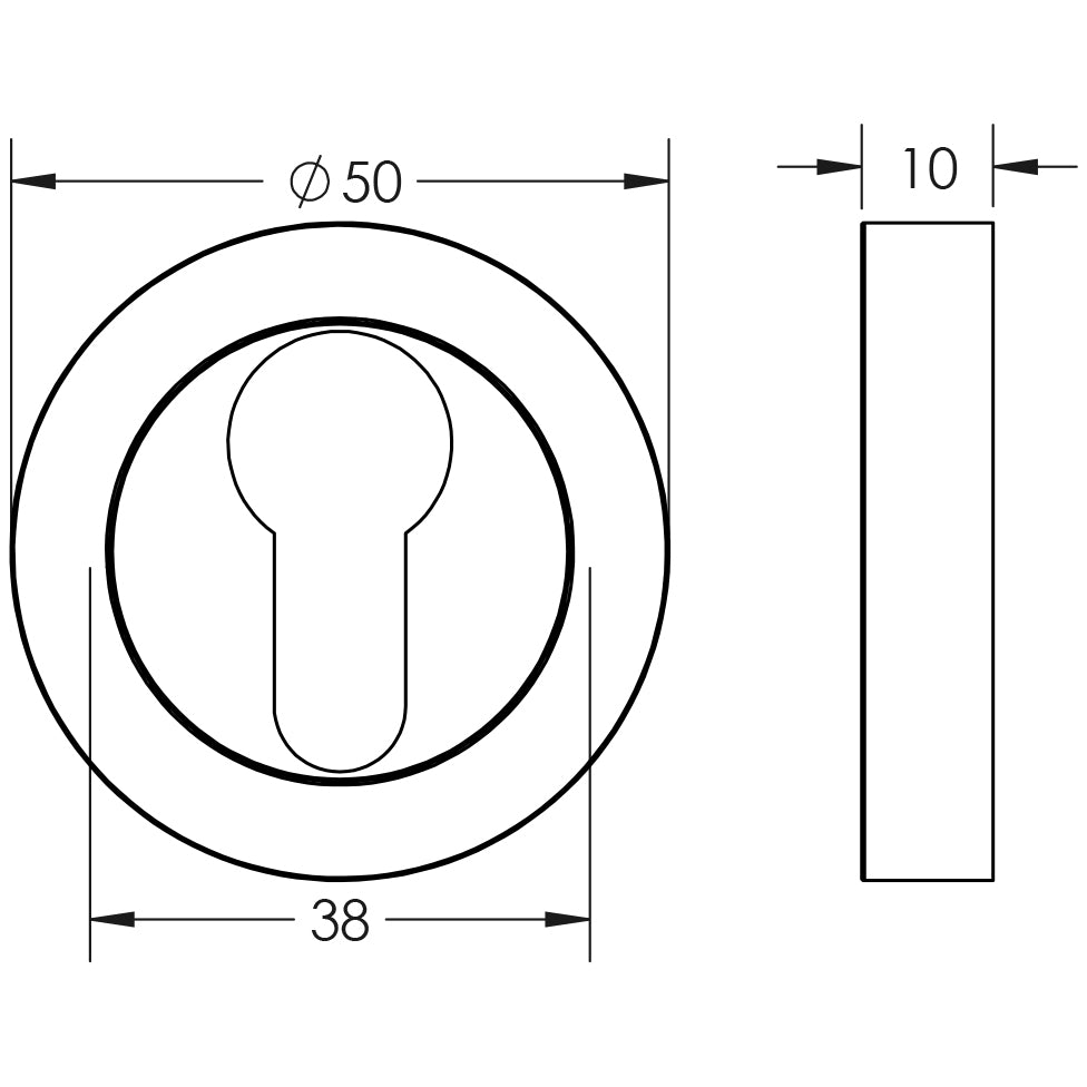 Technical drawing of of Frelan - Jedo Designer Euro Profile Escutcheons on 50mm Round Rose Satin Chrome Sku. JV503ESC