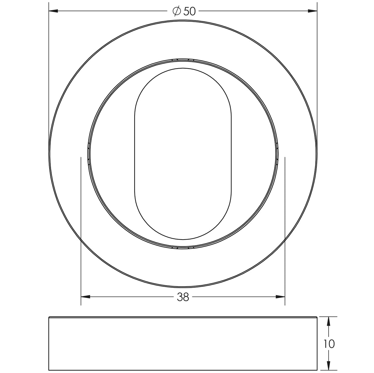 Technical drawing of of Frelan - Jedo Designer Oval Profile Escutcheons on 50mm Round Rose Brass Finish Sku. JV503UPVD