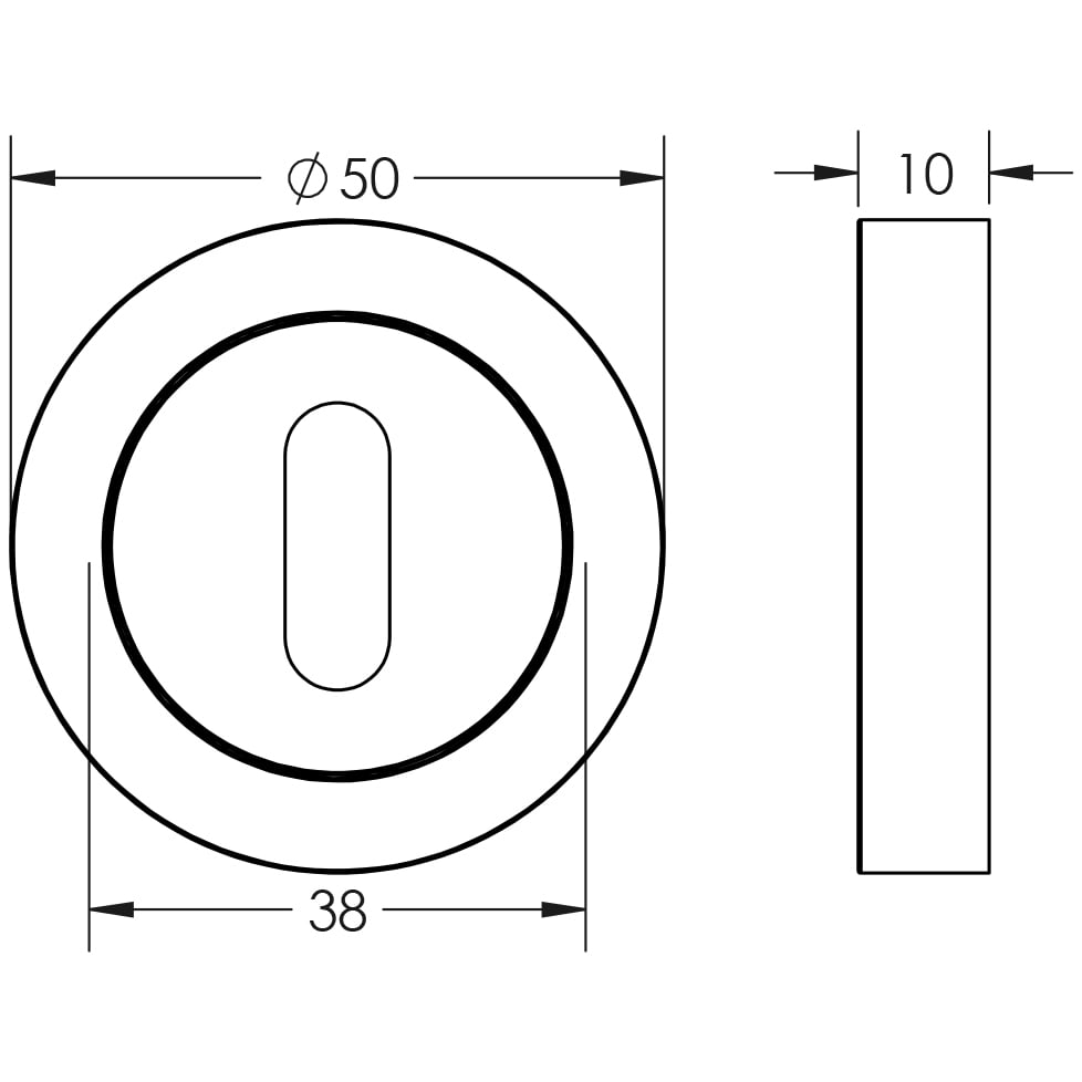 Technical drawing of of Frelan - Jedo Designer Standard Keyway Escutcheons on 50mm Round Rose Antique Brass Sku. JV503AB