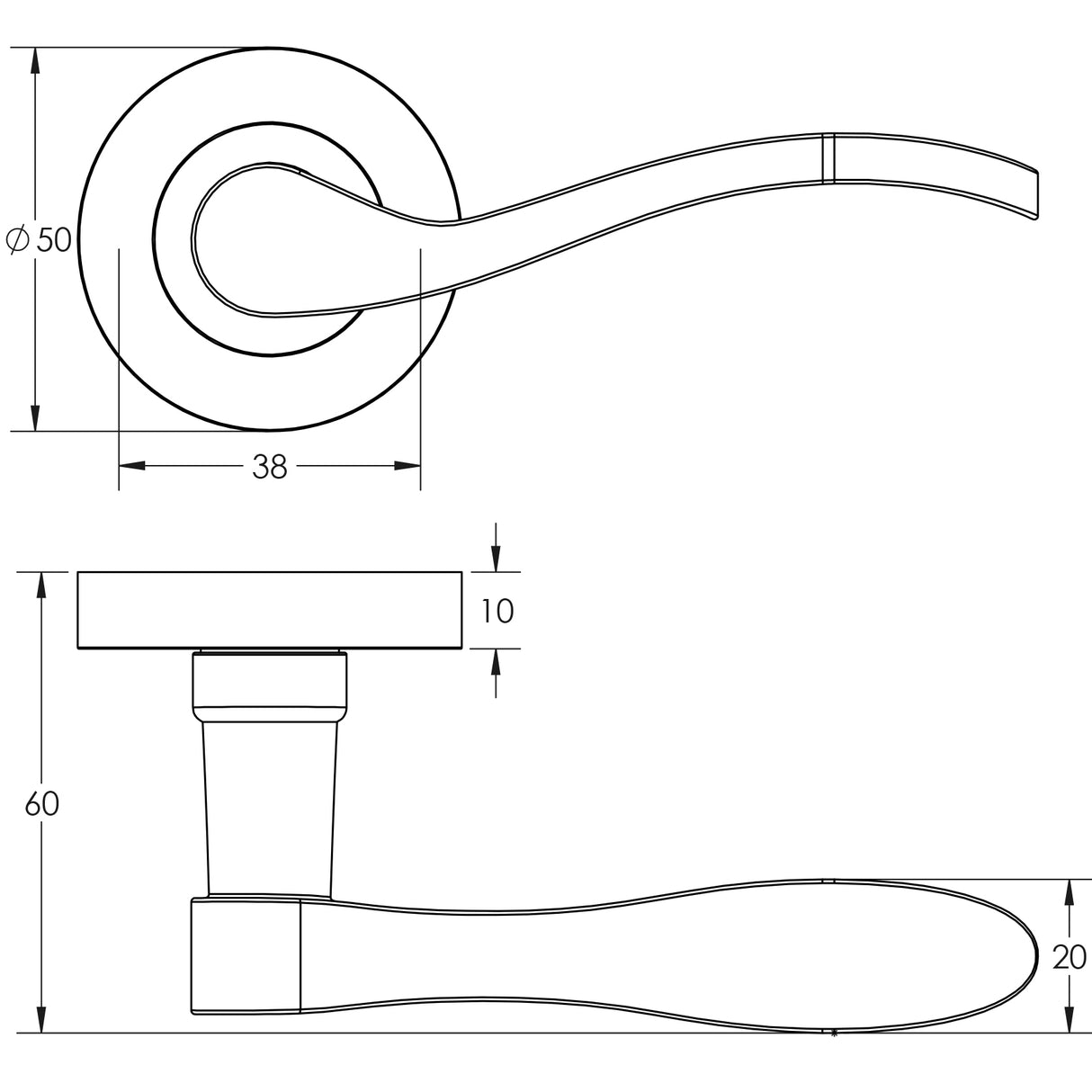 Technical drawing of of Frelan - Turin Door Handle on Rose Rustic Sku. JV550RUS