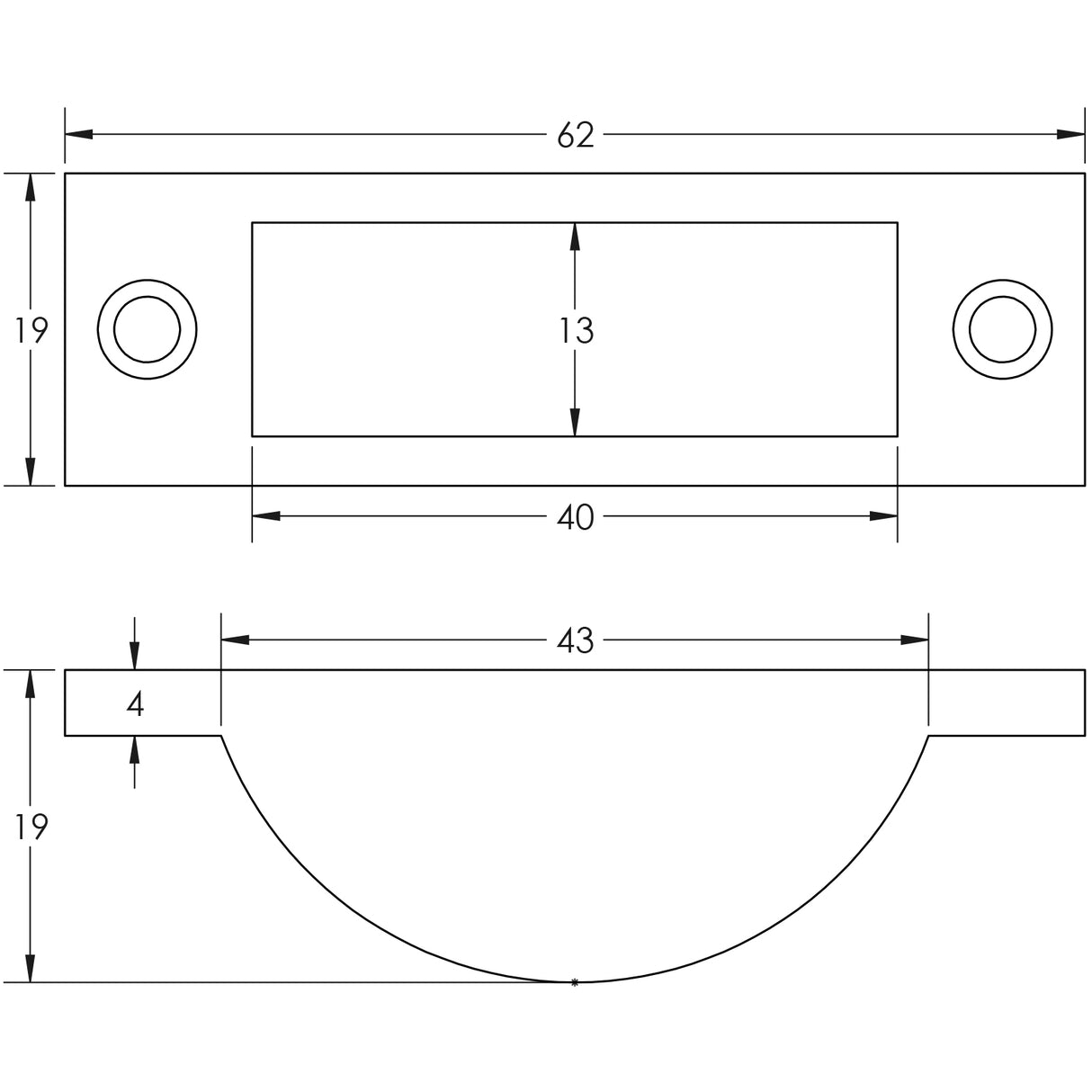 Technical drawing of of Frelan - Jedo Zinc Easy Clean Bolt Socket 63x20mm Satin Chrome Sku. JV5641SC