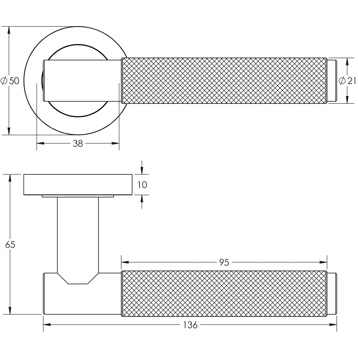 Technical drawing of of Frelan - Jedo Bari Knurled Door Handles Satin Nickel Sku. JV850SN