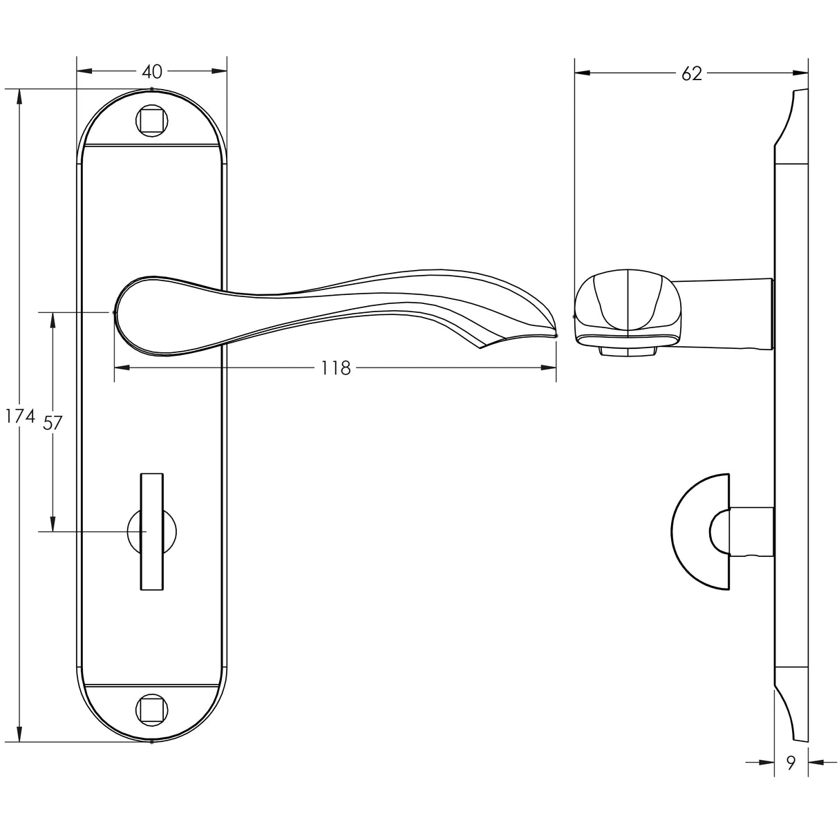 Technical drawing of of Frelan - Broadway Suite Door Handle on Bathroom Plate Polished Chrome Sku. JV922PC