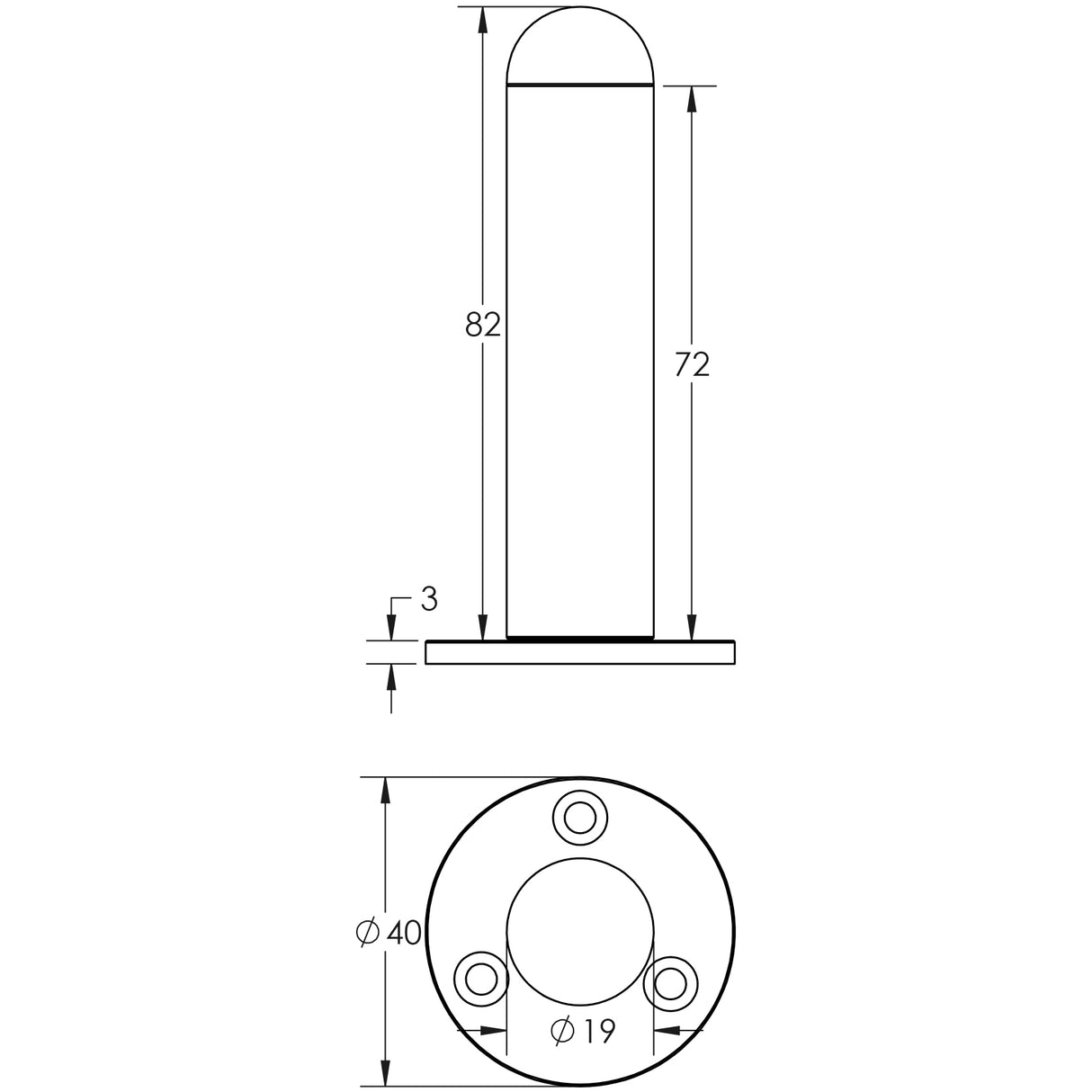 Technical drawing of of Frelan - Jedo Cylinder Wall Mounted Door Stop on Rose 75mm Polished Brass Sku. JV9551BPB