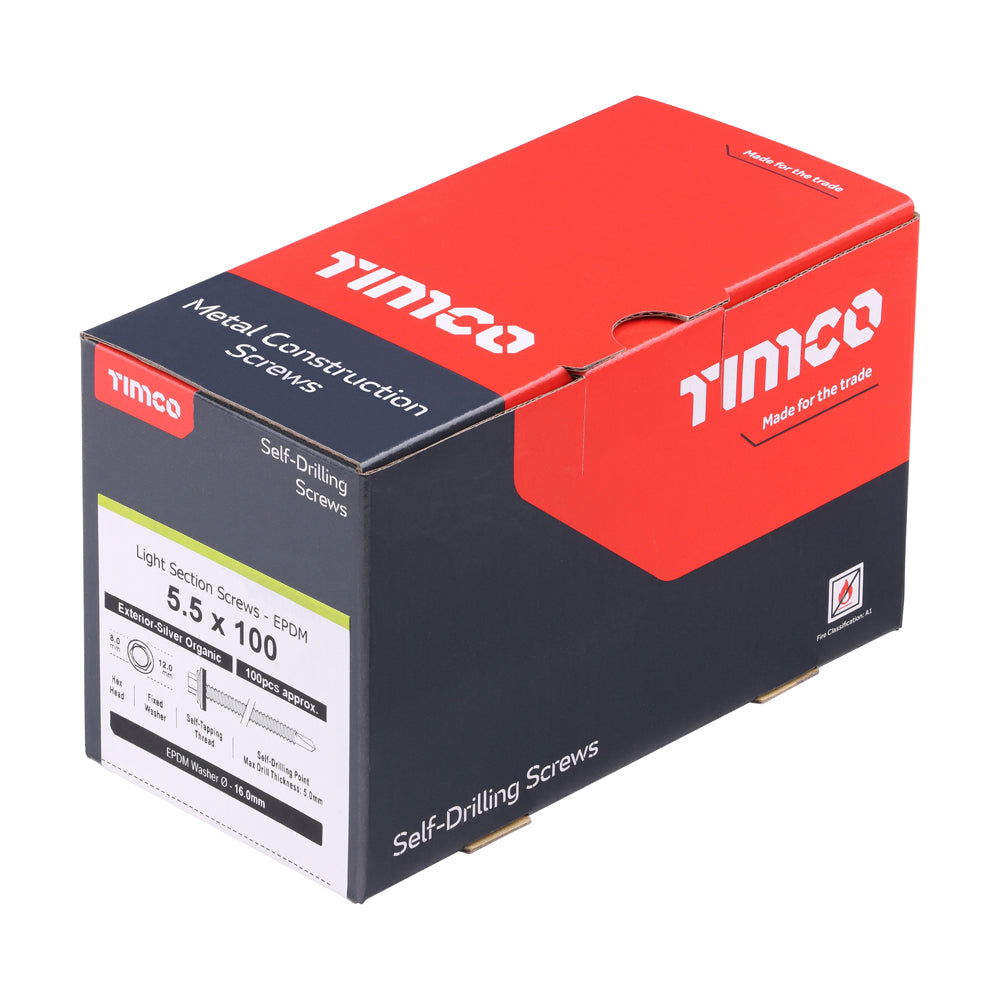 This is an image of Timco - Metal Construction Light Section Screws - Hex - EPDM Washer - Self-Drilling - Exterior - Silver Organic 5.5 x 100mm - (100 PCS Box) L100W16B