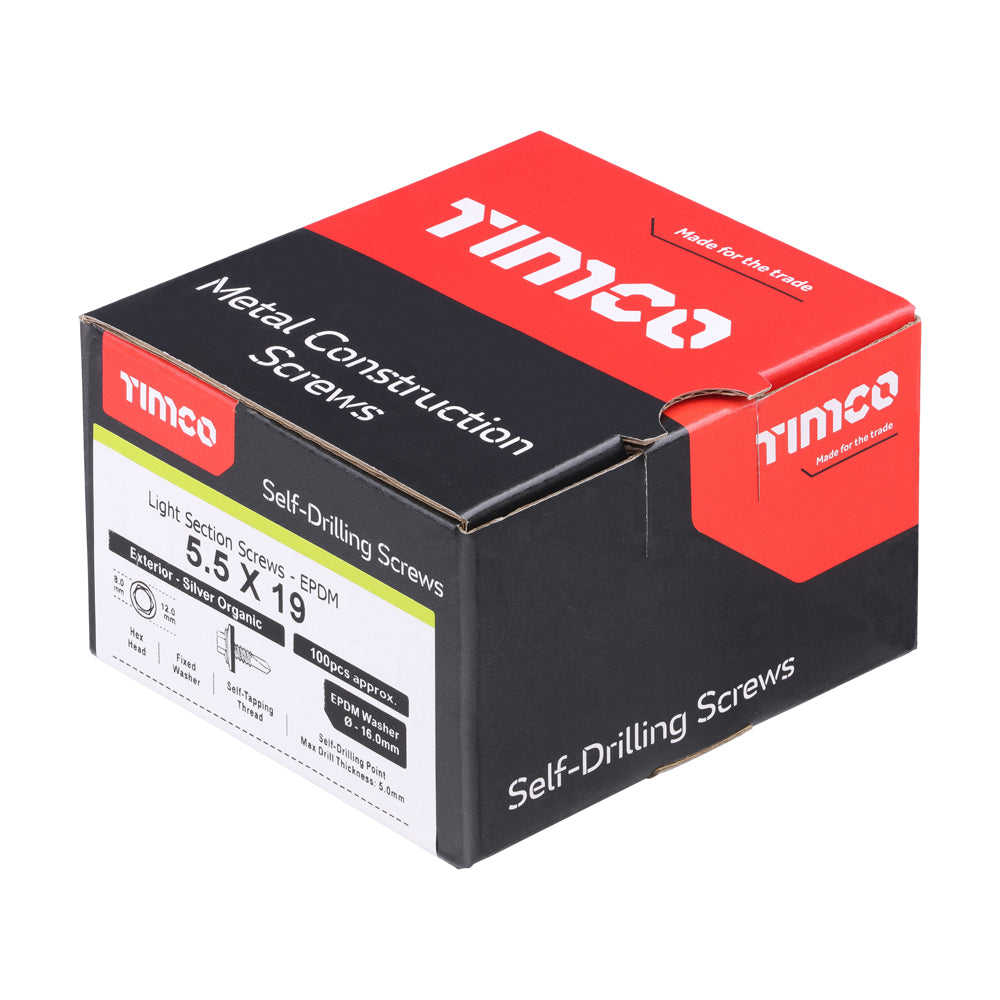 This is an image of Timco - Metal Construction Light Section Screws - Hex - EPDM Washer - Self-Drilling - Exterior - Silver Organic 5.5 x 19mm - (100 PCS Box) L19W16B