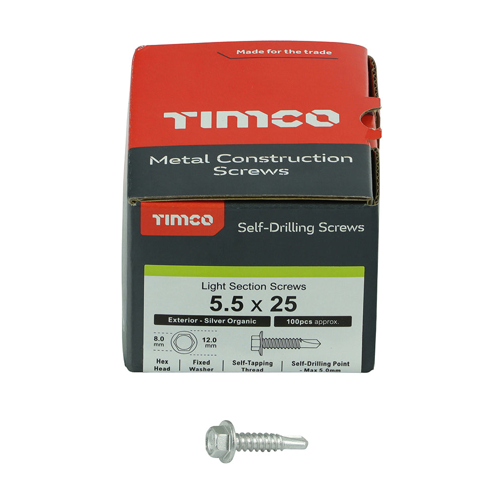 This is an image of Timco - Metal Construction Light Section Screws - Hex - Self-Drilling - Exterior - Silver Organic 5.5 x 25mm - (100 PCS Box) L25B