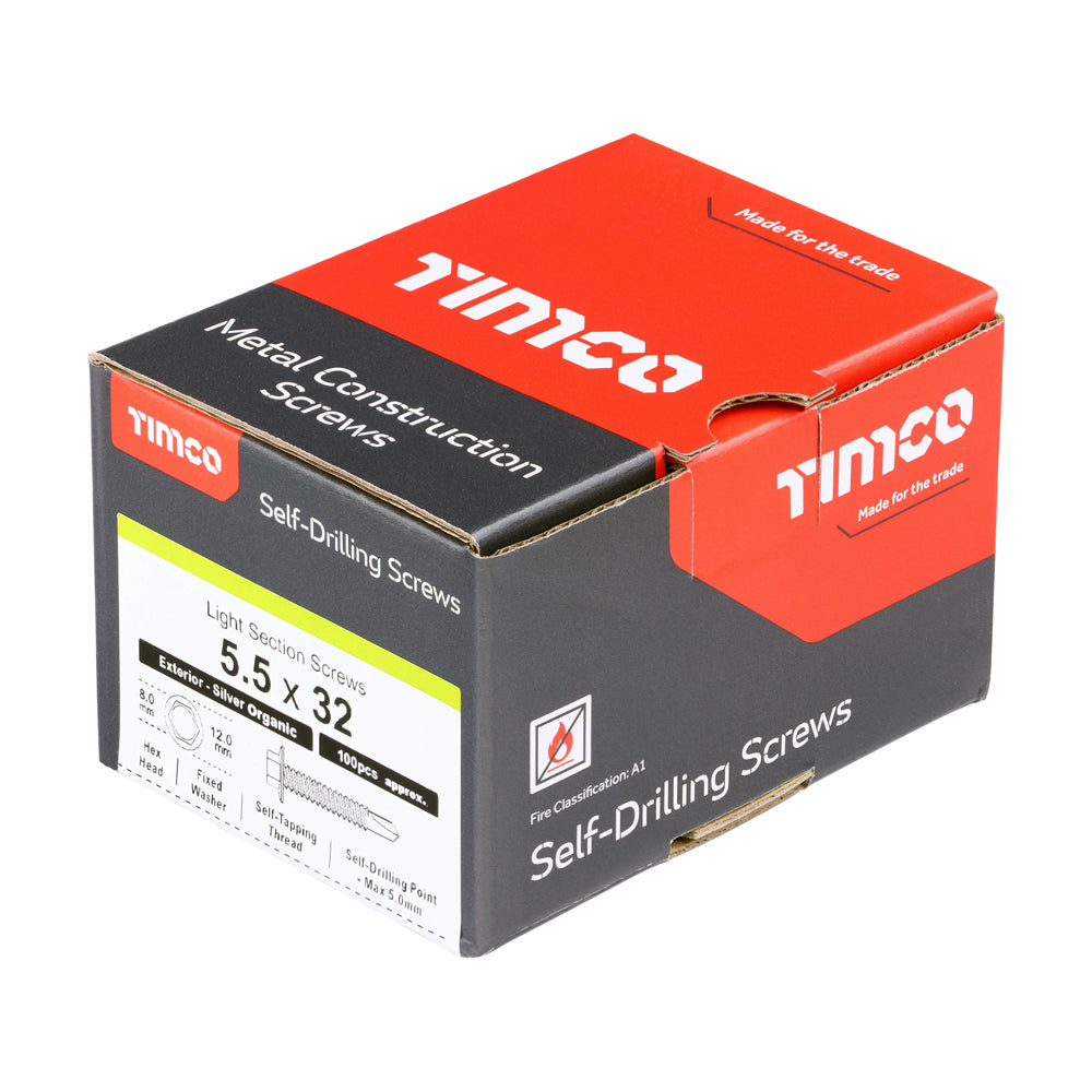 This is an image of Timco - Metal Construction Light Section Screws - Hex - Self-Drilling - Exterior - Silver Organic 5.5 x 32mm - (100 PCS Box) L32B