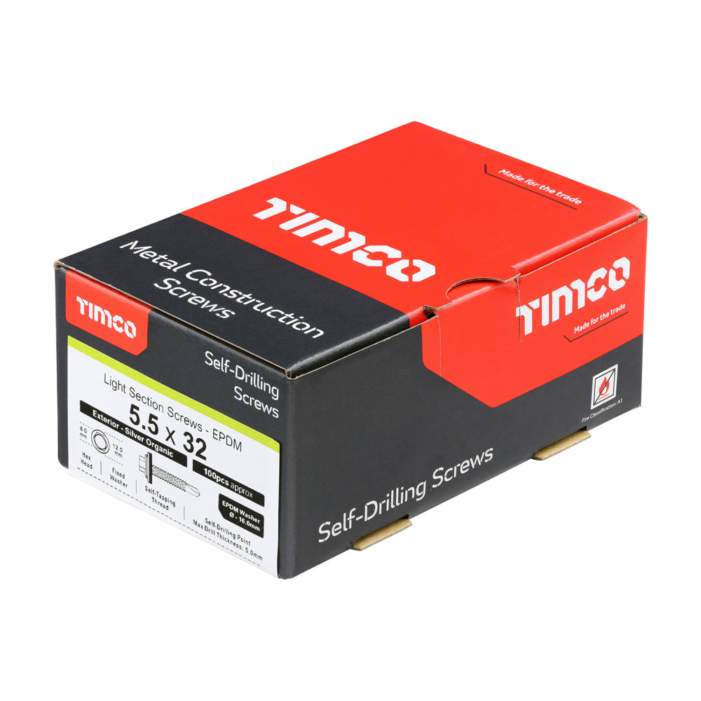 This is an image of Timco - Metal Construction Light Section Screws - Hex - EPDM Washer - Self-Drilling - Exterior - Silver Organic 5.5 x 32mm - (100 PCS Box) L32W16B