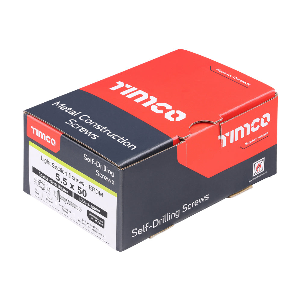 This is an image of Timco - Metal Construction Light Section Screws - Hex - EPDM Washer - Self-Drilling - Exterior - Silver Organic 5.5 x 50mm - (100 PCS Box) L50W16B