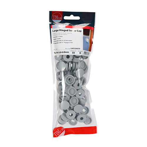 This is an image of Timco - Hinged Screw Caps - Large - Light Grey To fit 5.0 to 6.0 Screw - (50 PCS TIMpac) LHCCGREYP