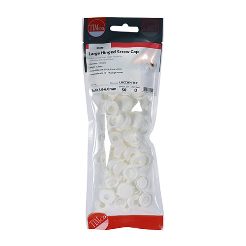 This is an image of Timco - Hinged Screw Caps - Large - White To fit 5.0 to 6.0 Screw - (50 PCS TIMpac) LHCCWHITEP