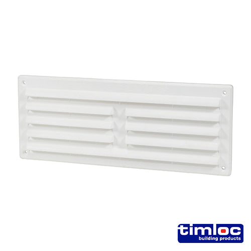 This is an image of Timco - Timloc Internal Plastic Louvre Grille Vent with Flyscreen - White - 1207WF 260 x 104mm (1 Each Bag) LOC1207WF
