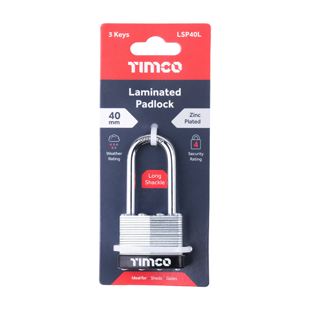 This is an image of Timco - Laminated Padlock Long Shackle 40mm (1 Each Blister Pack) LSP40L