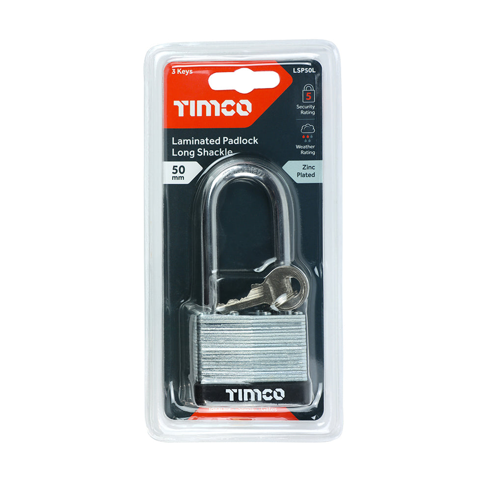 This is an image of Timco - Laminated Padlock Long Shackle 50mm (1 Each Blister Pack) LSP50L