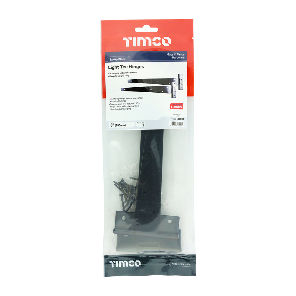 This is an image of Timco - Pair of Light Tee Hinges - Black 8" (1 Pairs TIMbag) LTH8B