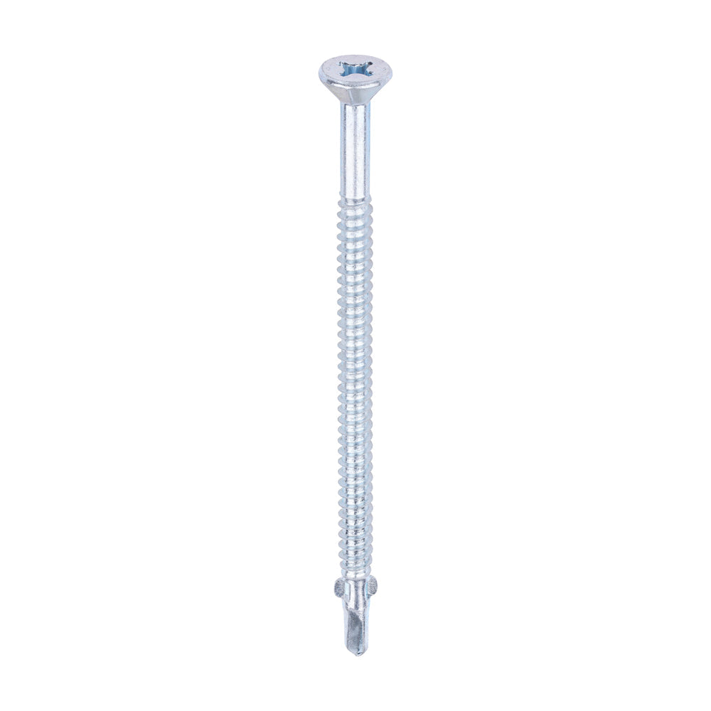This is an image of Timco - Metal Construction Timber to Light Section Screws - Countersunk - Wing-Tip - Self-Drilling - Zinc 5.5 x 100mm - (100 PCS Box) LW100B