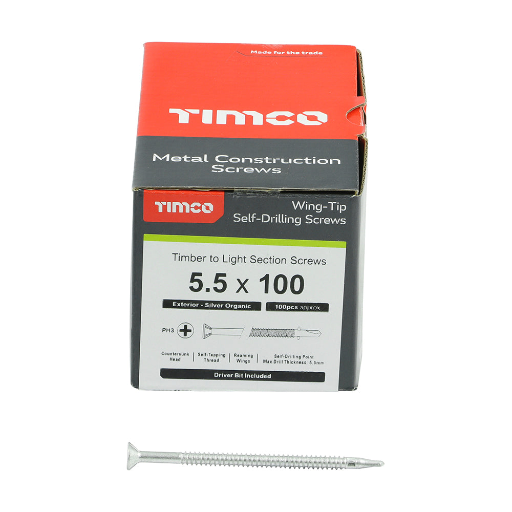 This is an image of Timco - Metal Construction Timber to Light Section Screws - Countersunk - Wing-Tip - Self-Drilling - Exterior - Silver Organic 5.5 x 100mm - (100 PCS Box) LW100S