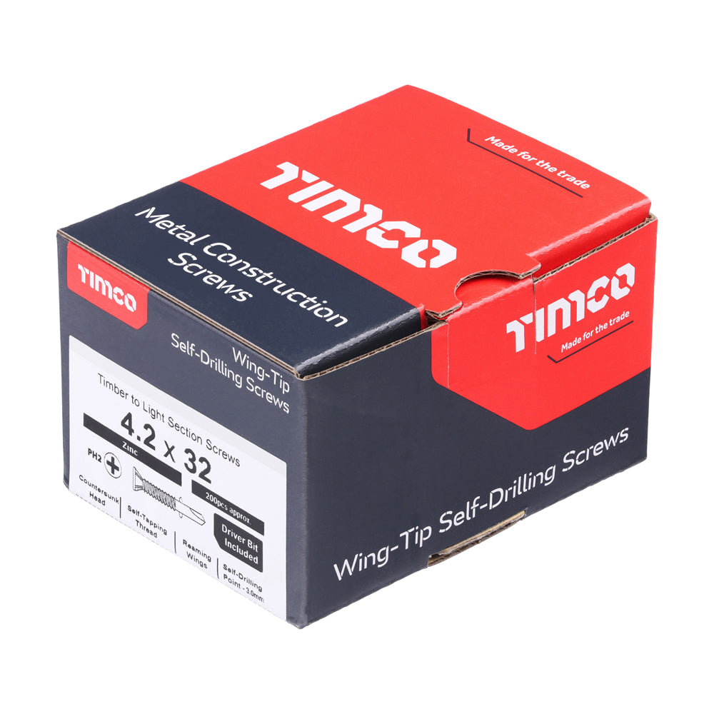 This is an image of Timco - Metal Construction Timber to Light Section Screws - Countersunk - Wing-Tip - Self-Drilling - Zinc 4.2 x 32mm - (200 PCS Box) LW32B