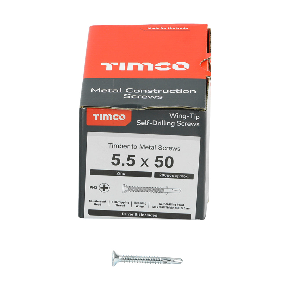 This is an image of Timco - Metal Construction Timber to Light Section Screws - Countersunk - Wing-Tip - Self-Drilling - Zinc 5.5 x 50mm - (200 PCS Box) LW50B