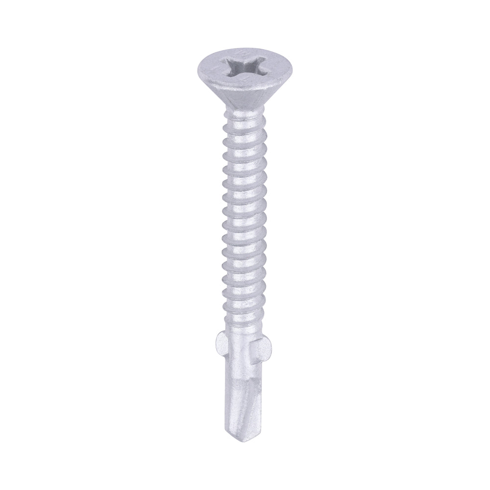 This is an image of Timco - Metal Construction Timber to Light Section Screws - Countersunk - Wing-Tip - Self-Drilling - Exterior - Silver Organic 5.5 x 50mm - (200 PCS Box) LW50S