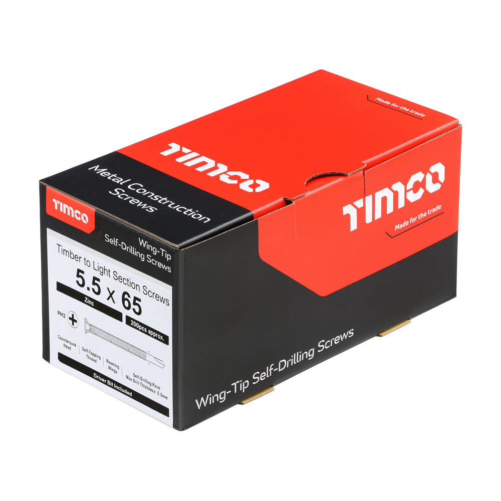 This is an image of Timco - Metal Construction Timber to Light Section Screws - Countersunk - Wing-Tip - Self-Drilling - Zinc 5.5 x 65mm - (200 PCS Box) LW65B