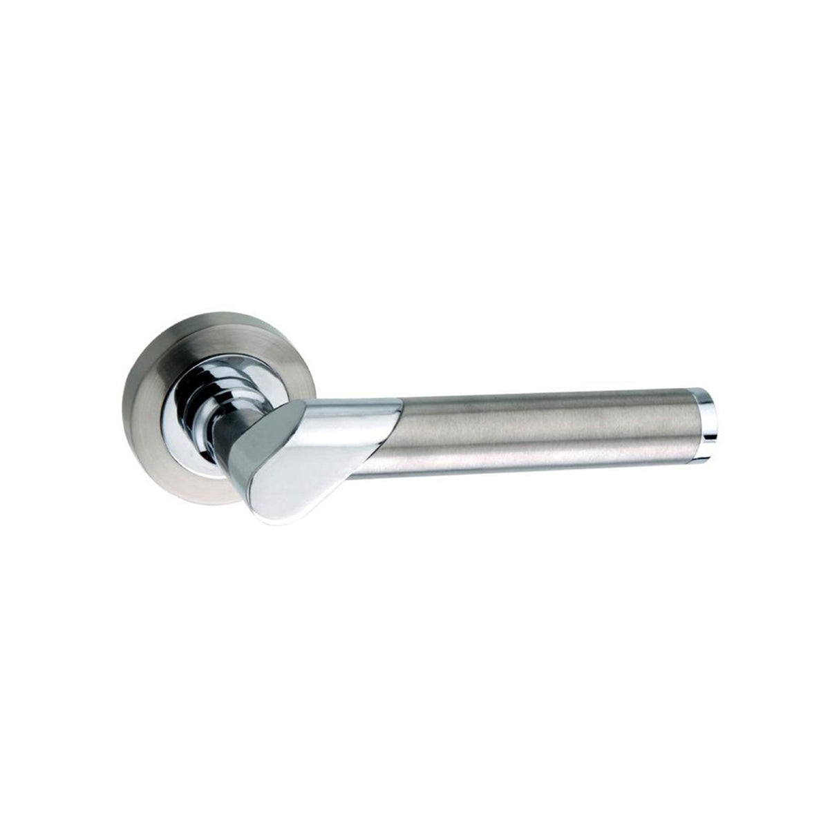 Quality image of Mediterranean Tunis Lever Door Handle on Round Rose - Satin Nickel/Polished Chrome | Sku. m125sncp | available from Trade Door Handles.