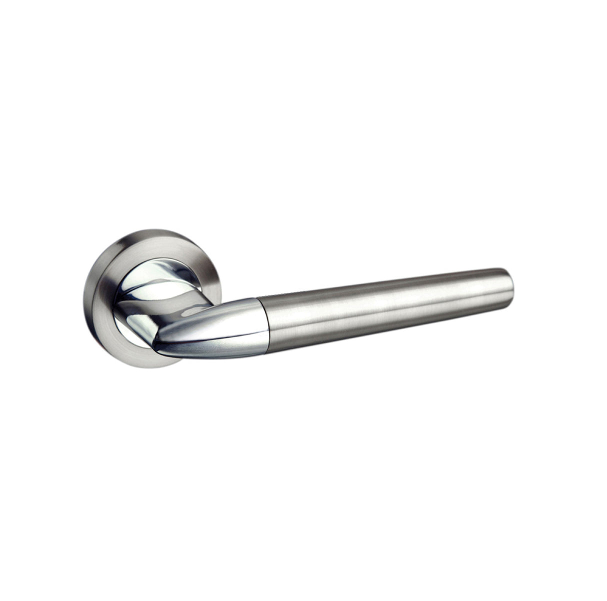 Quality image of Mediterranean Toulon Lever Door Handle on Round Rose - Satin Nickel/Polished Chrome | Sku. m191sncp | available from Trade Door Handles.