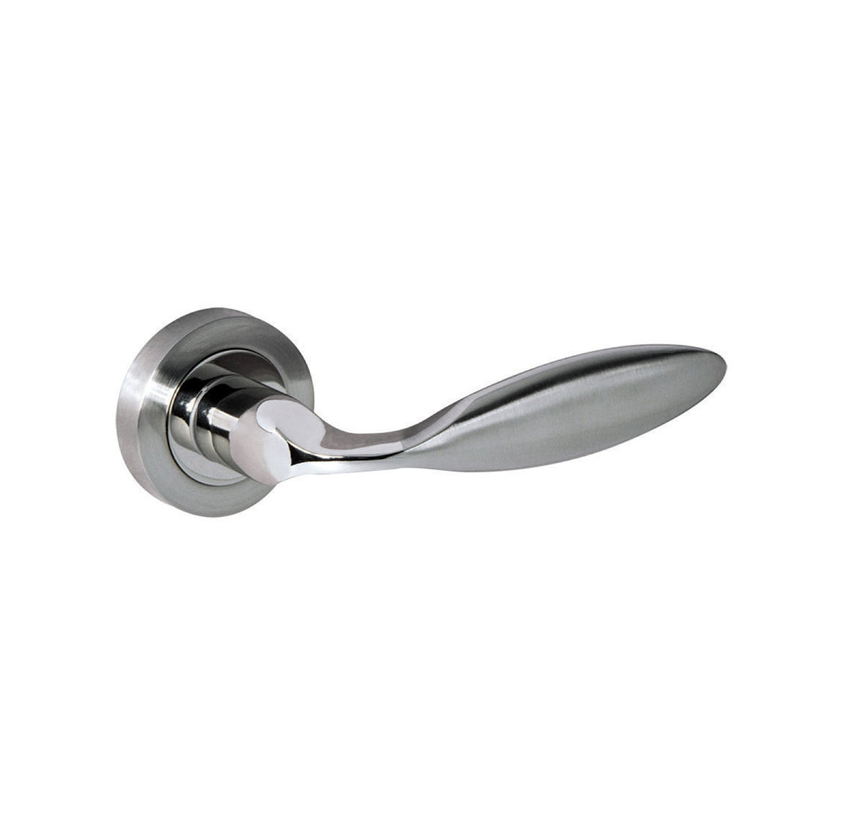 Quality image of Mediterranean Ibiza Lever Door Handle on Round Rose - Satin Nickel/Polished Nickel | Sku. m46snnp | available from Trade Door Handles.