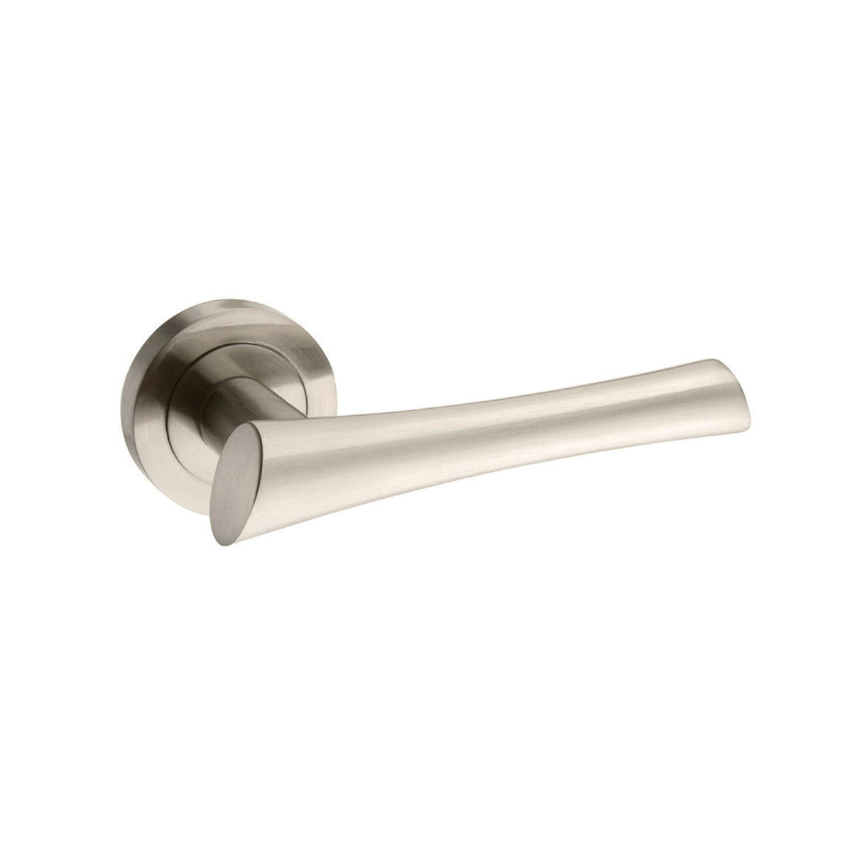 Quality image of Mediterranean Corsica Lever Door Handle on Round Rose - Satin Nickel | Sku. m60sn | available from Trade Door Handles.