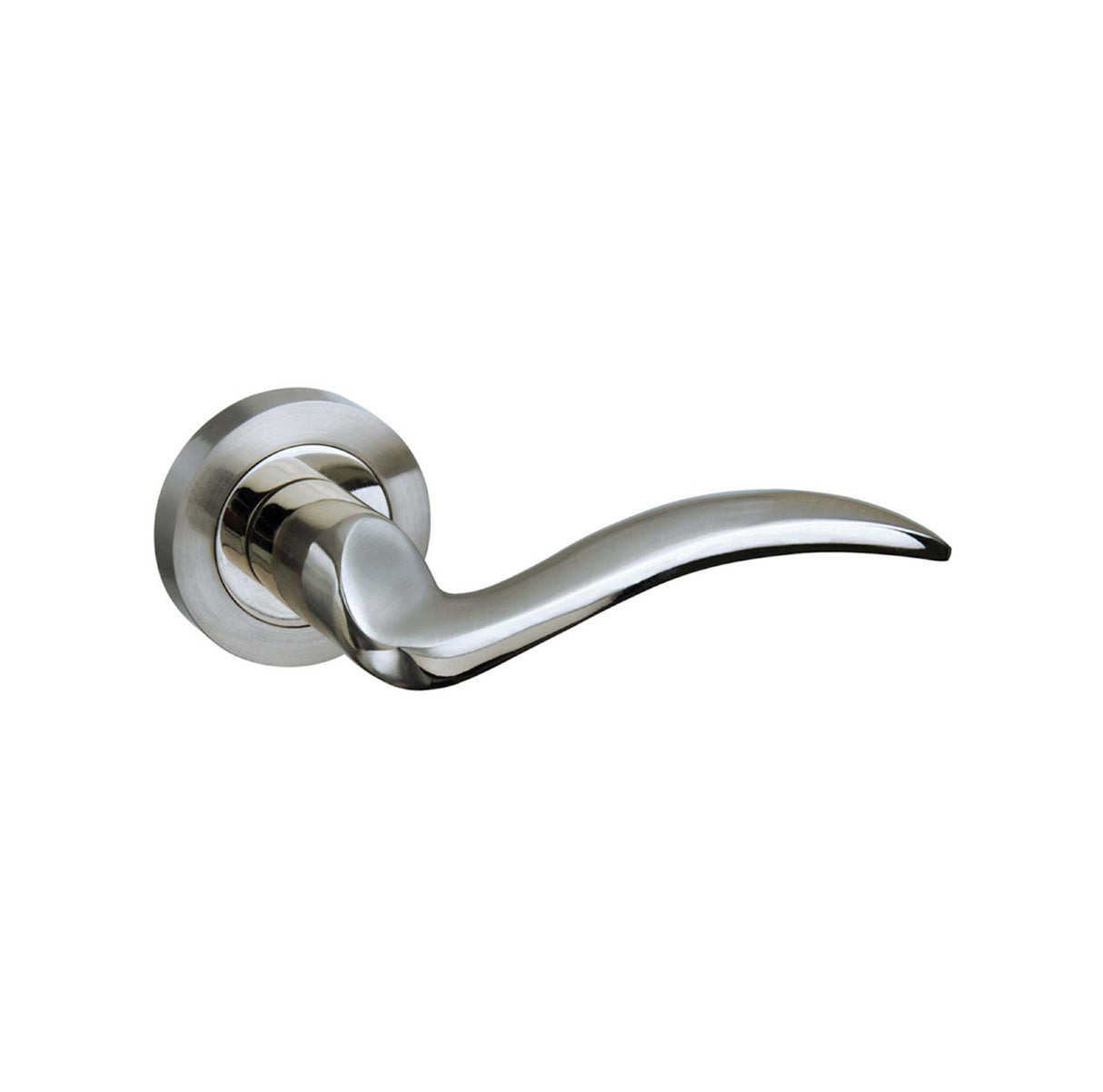 Quality image of Mediterranean Valencia Lever Door Handle on Round Rose - Satin Nickel/Polished Nickel | Sku. m85snnp | available from Trade Door Handles.