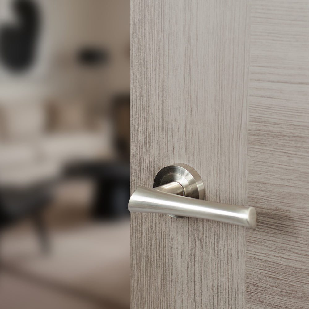 Quality image of Mediterranean Corsica Lever Door Handle on Round Rose - Satin Nickel | Sku. m60sn | available from Trade Door Handles.