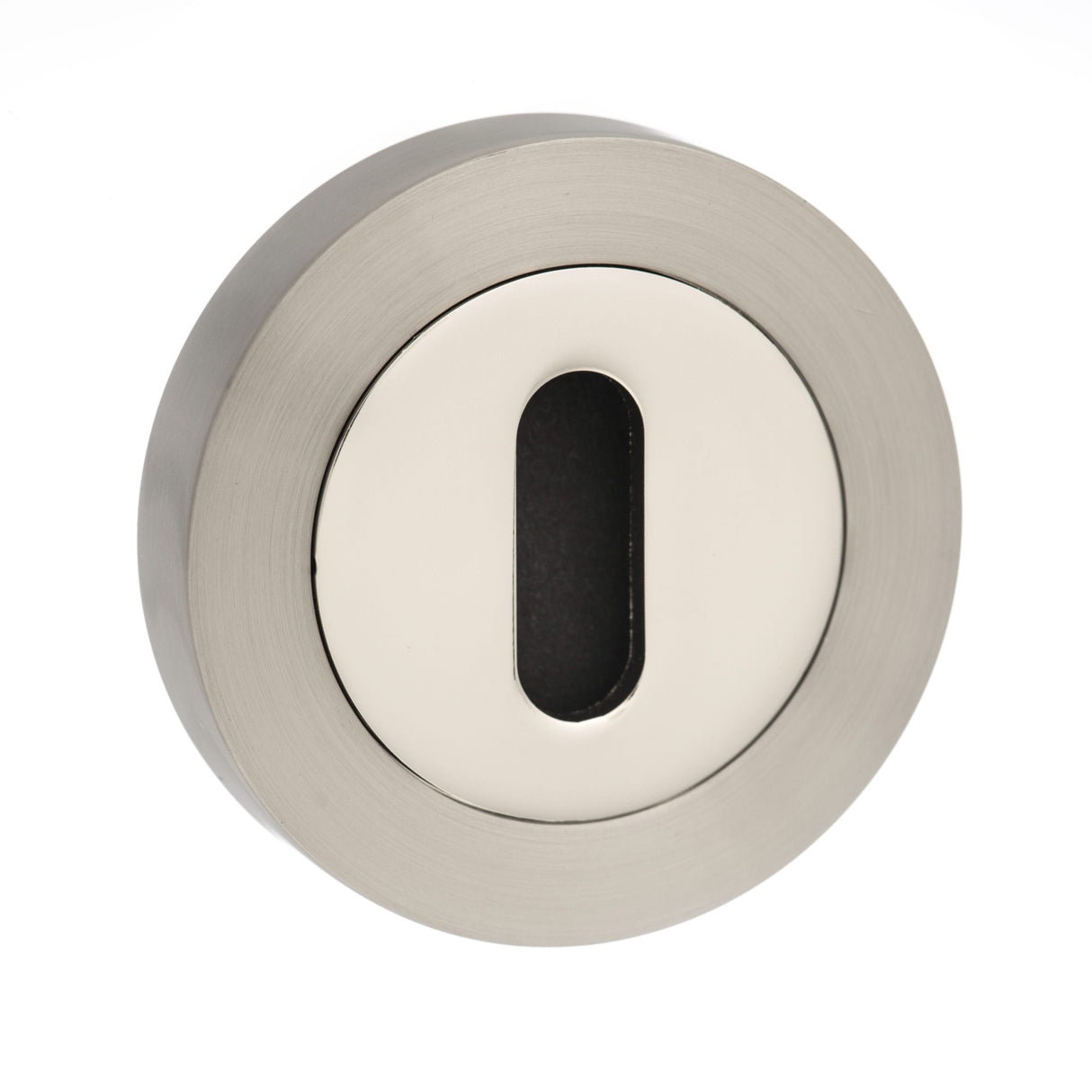Quality image of Mediterranean Key Escutcheons on Round Rose - Satin Nickel/Polished Nickel | Sku. mescksnnp | available from Trade Door Handles.