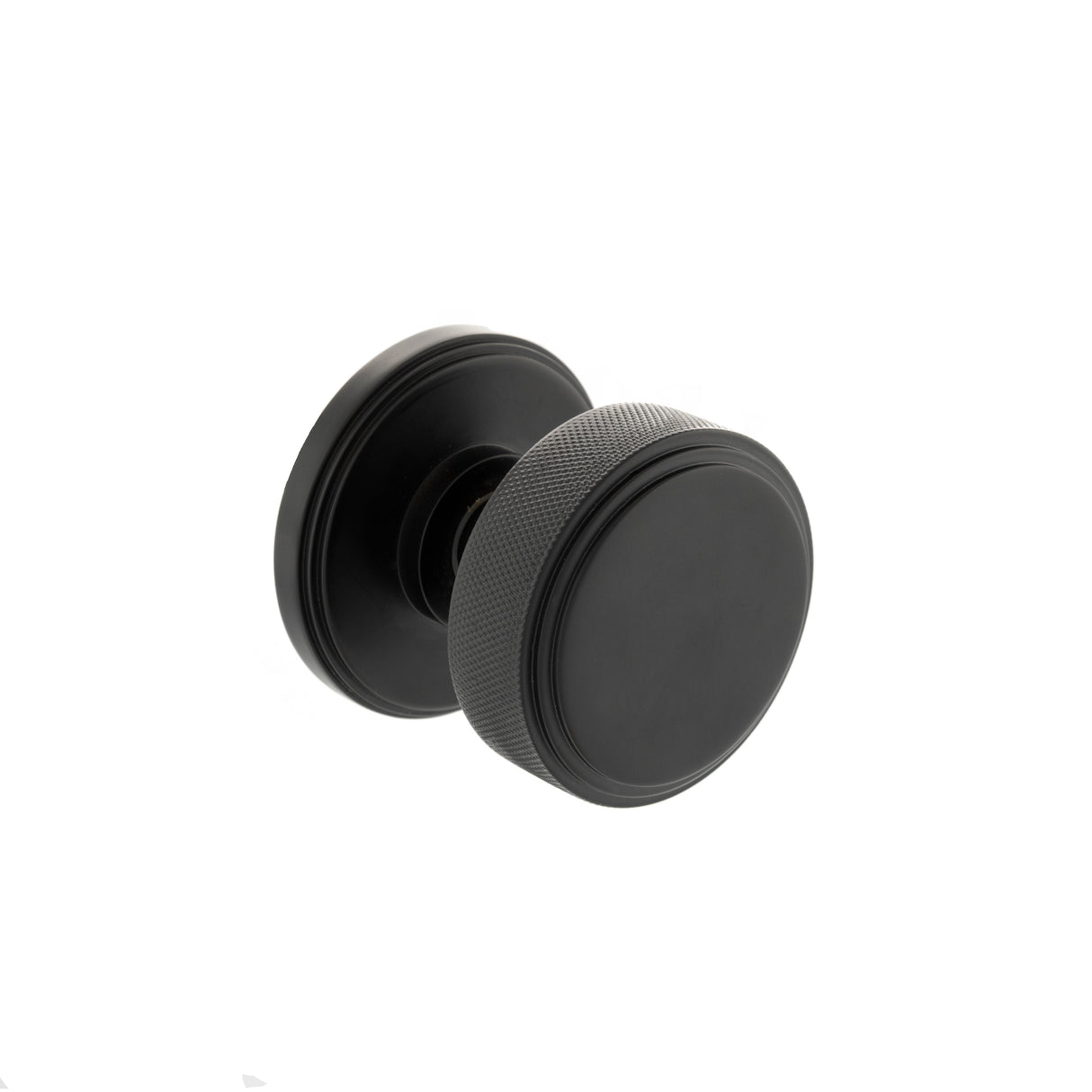 Quality image of Millhouse Brass Harrison Brass Knurled Mortice Knob on Concealed Fix Rose - Matt Black | Sku. mh450ksmkmb | available from Trade Door Handles.